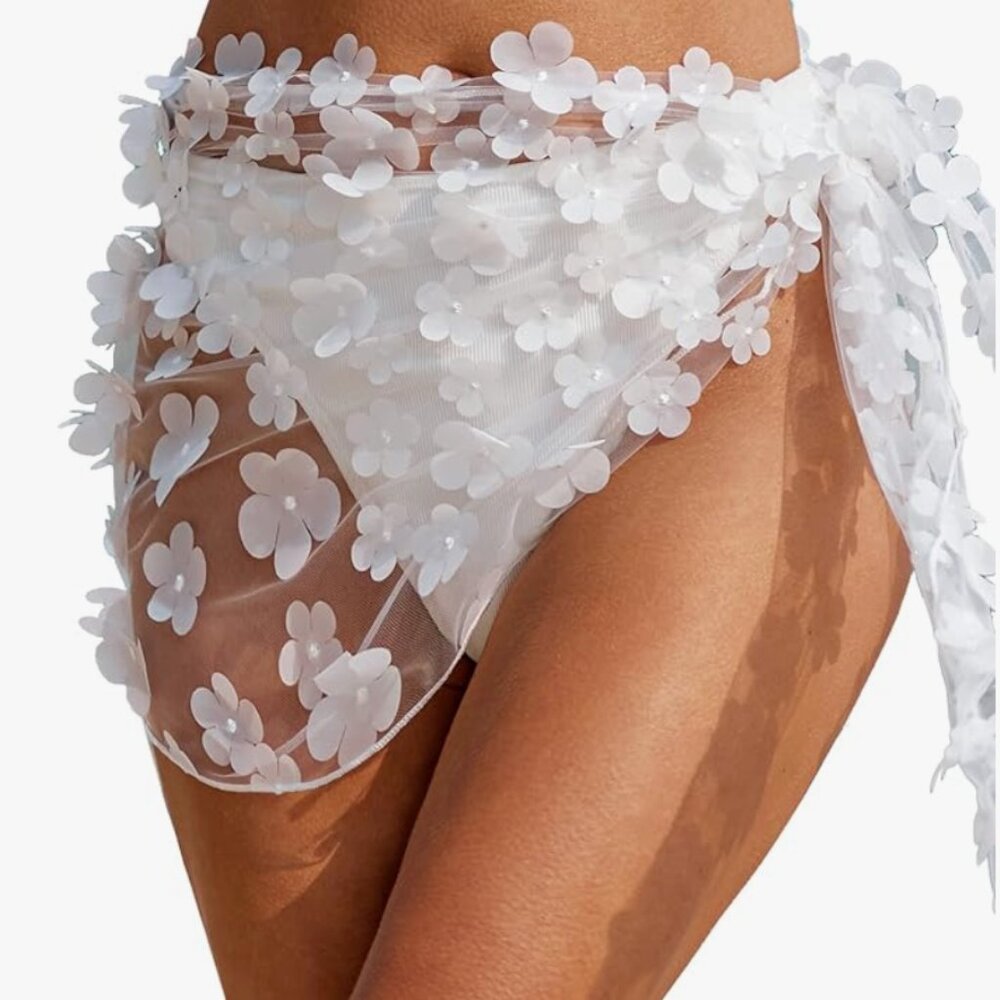 White Floral Cover-Up Sheer Bikini